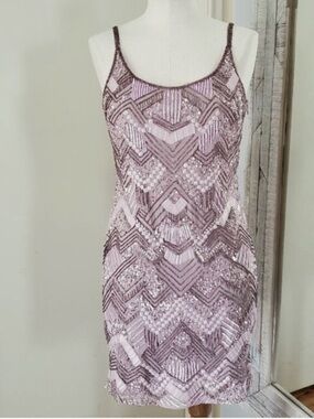 Adrianna Papell Art Deco Beaded Cocktail Dress Lavender Sz 12P